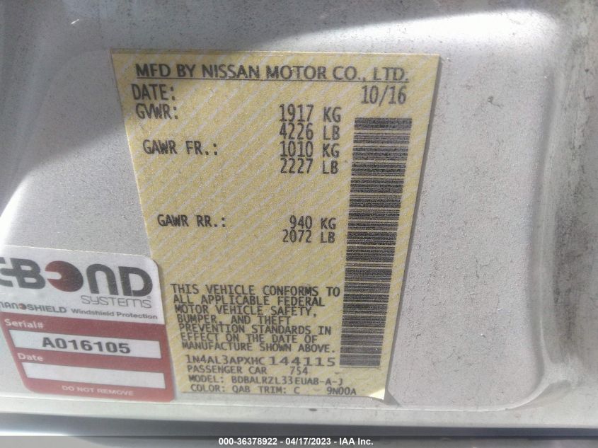2017 NISSAN ALTIMA 2.5 SL - 1N4AL3APXHC144115