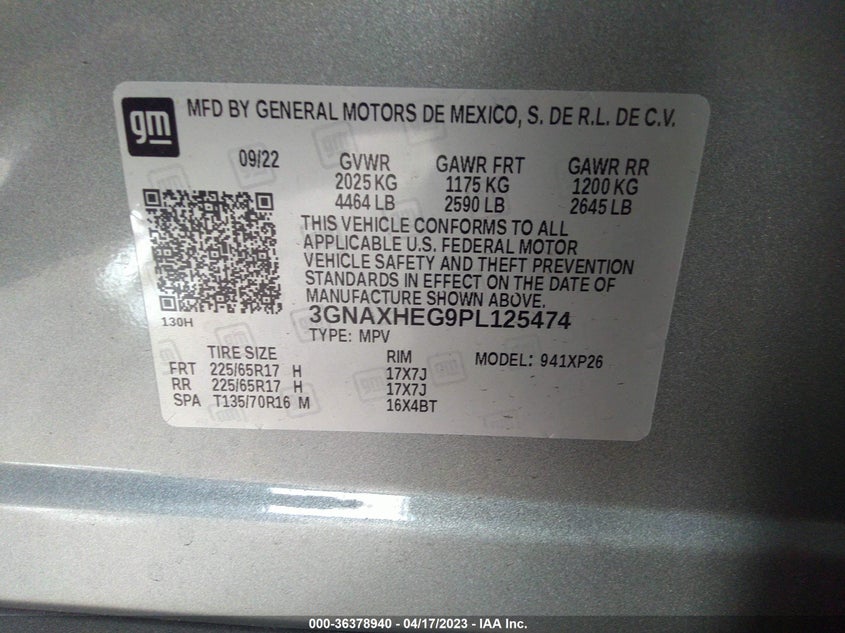 VIN 3GNAXHEG9PL125474 2023 CHEVROLET EQUINOX LS