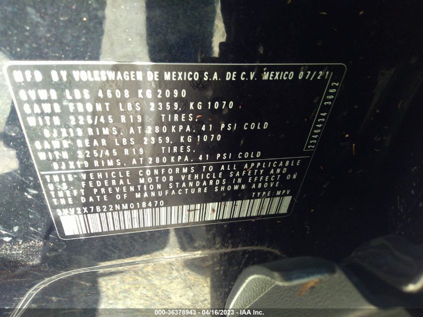 2022 VOLKSWAGEN TAOS SEL - 3VV2X7B22NM018470