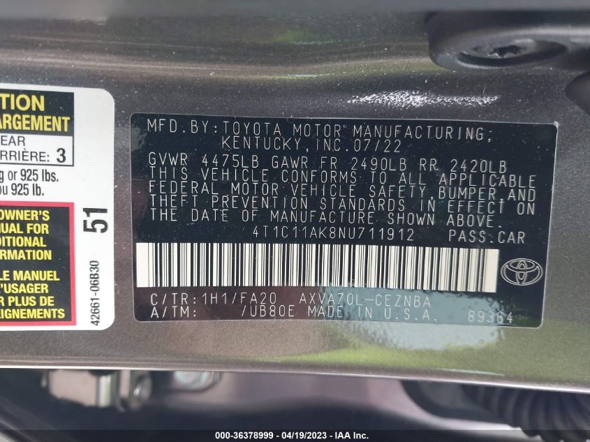 2022 TOYOTA CAMRY LE - 4T1C11AK8NU711912