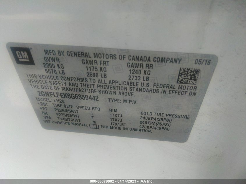2016 CHEVROLET EQUINOX LT - 2GNFLFEK6G6359442