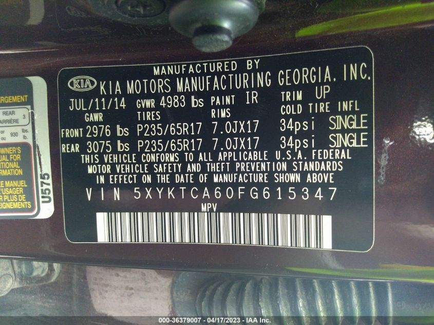 2015 KIA SORENTO LX - 5XYKTCA60FG615347