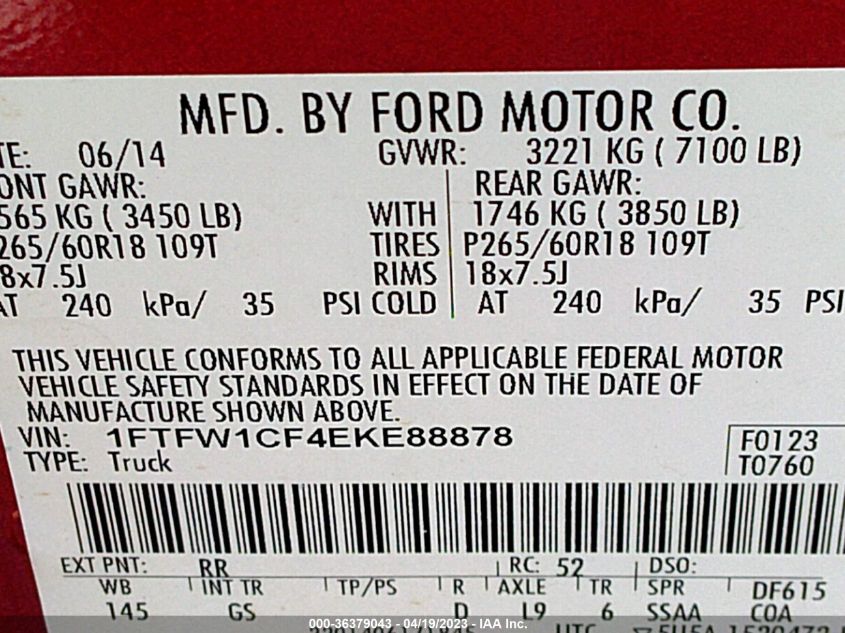 2014 FORD F-150 XL/STX/XLT/FX2/LARIAT - 1FTFW1CF4EKE88878