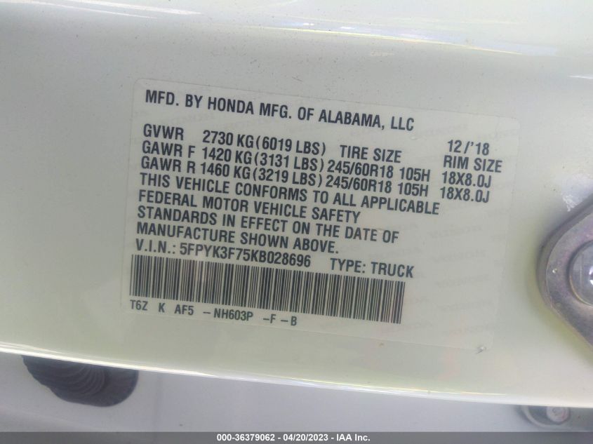 2019 HONDA RIDGELINE RTL-E - 5FPYK3F75KB028696