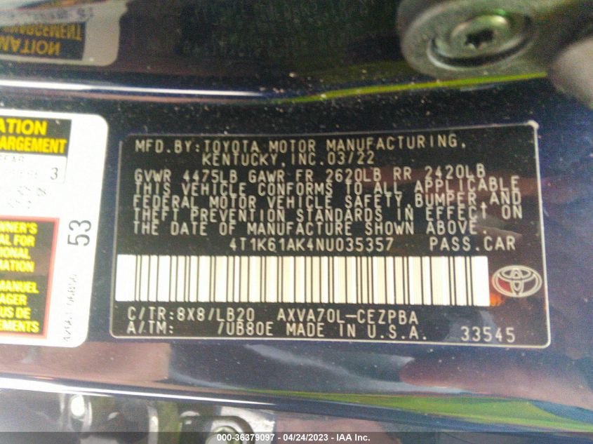2022 TOYOTA CAMRY XSE - 4T1K61AK4NU035357