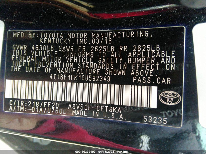 2016 TOYOTA CAMRY XLE/SE/LE/XSE - 4T1BF1FK1GU592349