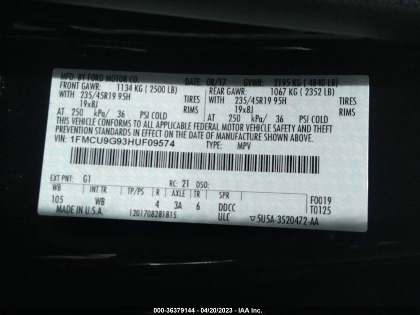 2017 FORD ESCAPE SE - 1FMCU9G93HUF09574