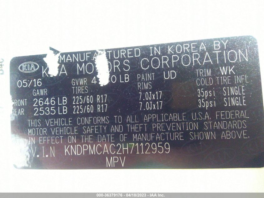 2017 KIA SPORTAGE LX - KNDPMCAC2H7112959
