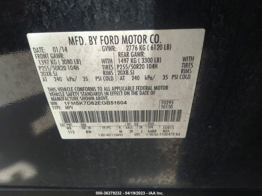 2014 FORD EXPLORER XLT - 1FM5K7D82EGB51604