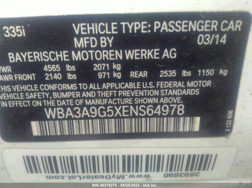2014 BMW 3 SERIES 335I - WBA3A9G5XENS64978