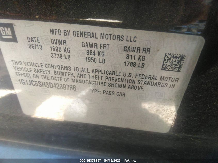 2013 CHEVROLET SONIC LT - 1G1JC5SH3D4239786