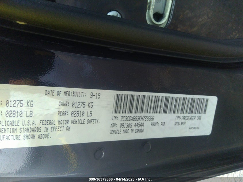 VIN 2C3CDXBG3KH720366 2019 DODGE CHARGER SXT