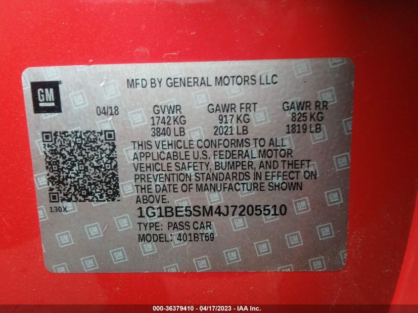 2018 CHEVROLET CRUZE LT - 1G1BE5SM4J7205510