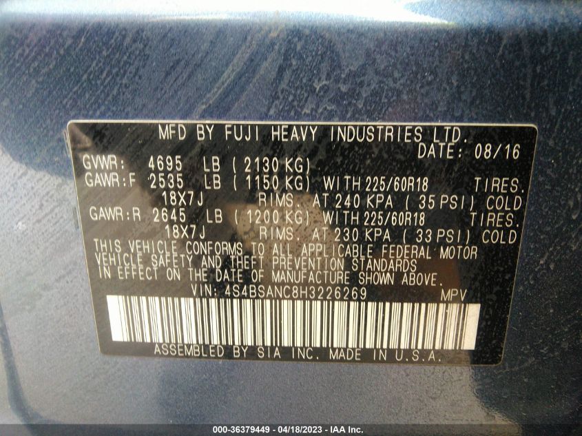 2017 SUBARU OUTBACK LIMITED - 4S4BSANC8H3226269