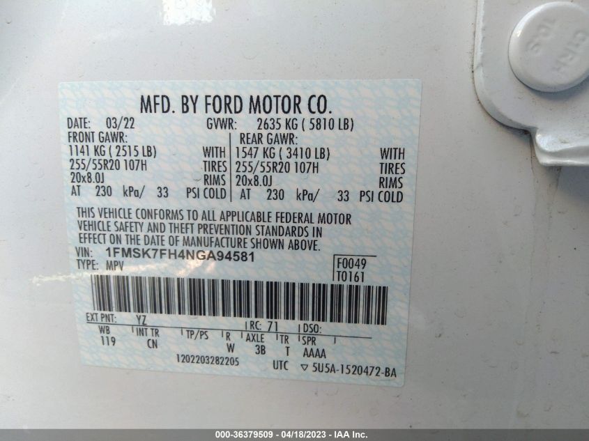 2022 FORD EXPLORER LIMITED - 1FMSK7FH4NGA94581