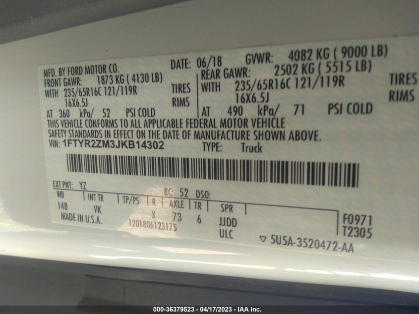 VIN 1FTYR2ZM3JKB14302 2018 FORD TRANSIT VAN
