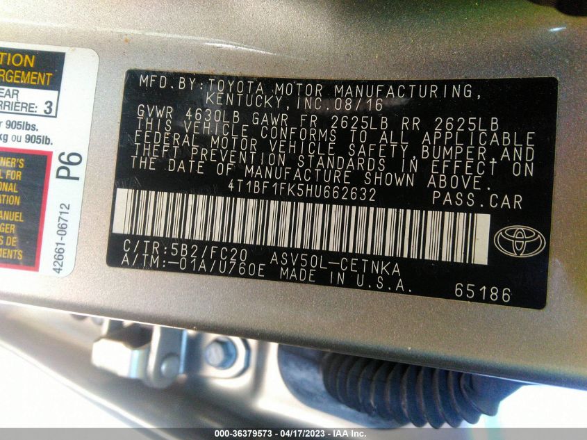2017 TOYOTA CAMRY XLE/SE/LE/XSE - 4T1BF1FK5HU662632