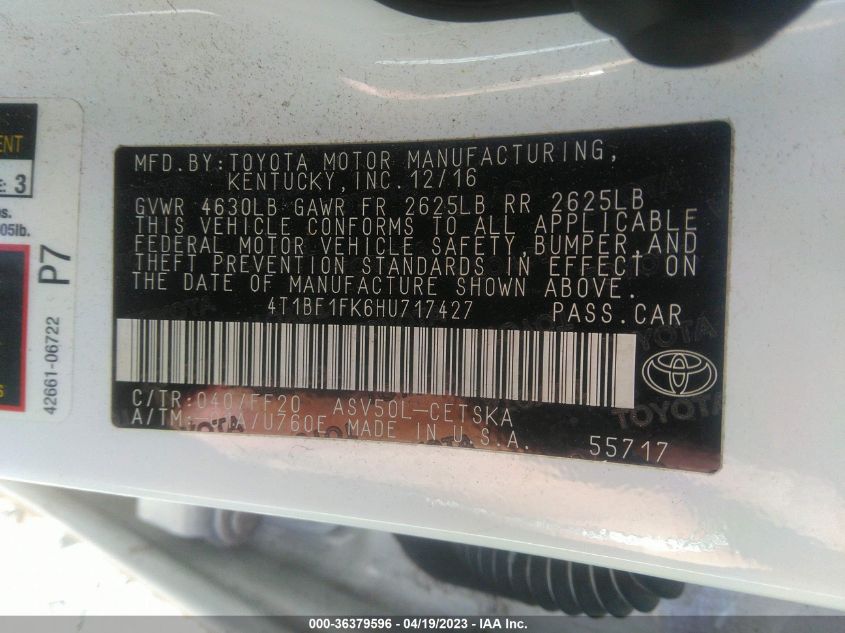 2017 TOYOTA CAMRY XLE/SE/LE/XSE - 4T1BF1FK6HU717427