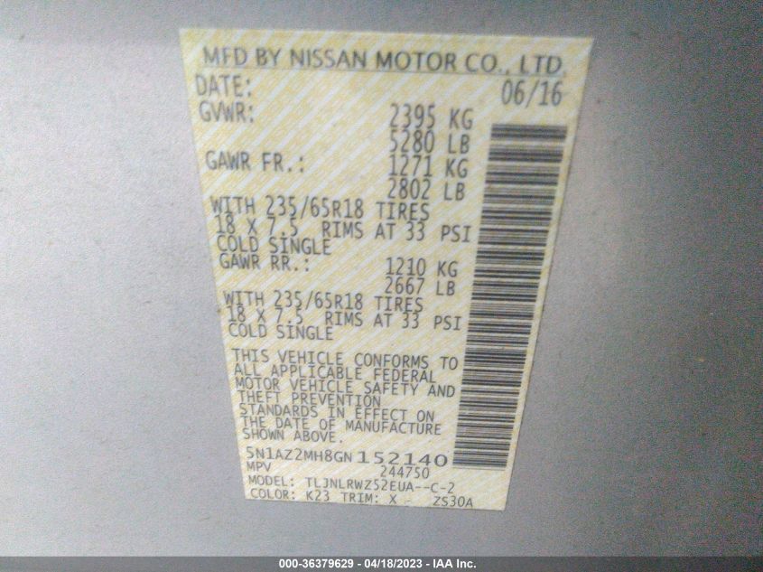 2016 NISSAN MURANO SL - 5N1AZ2MH8GN152140
