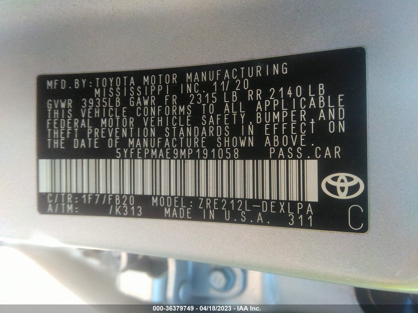 VIN 5YFEPMAE9MP191058 2021 TOYOTA COROLLA LE