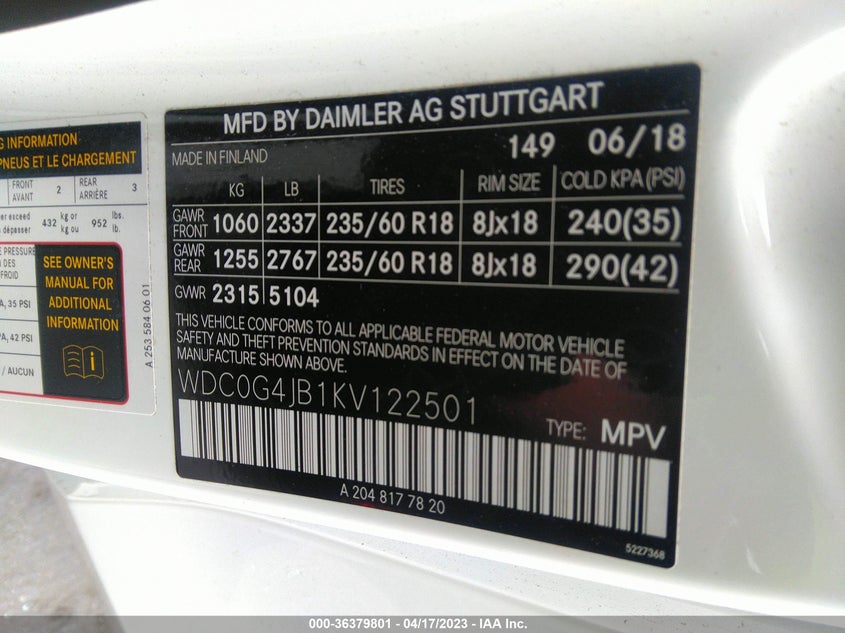 VIN WDC0G4JB1KV122501 2019 MERCEDES-BENZ GLC GLC 300