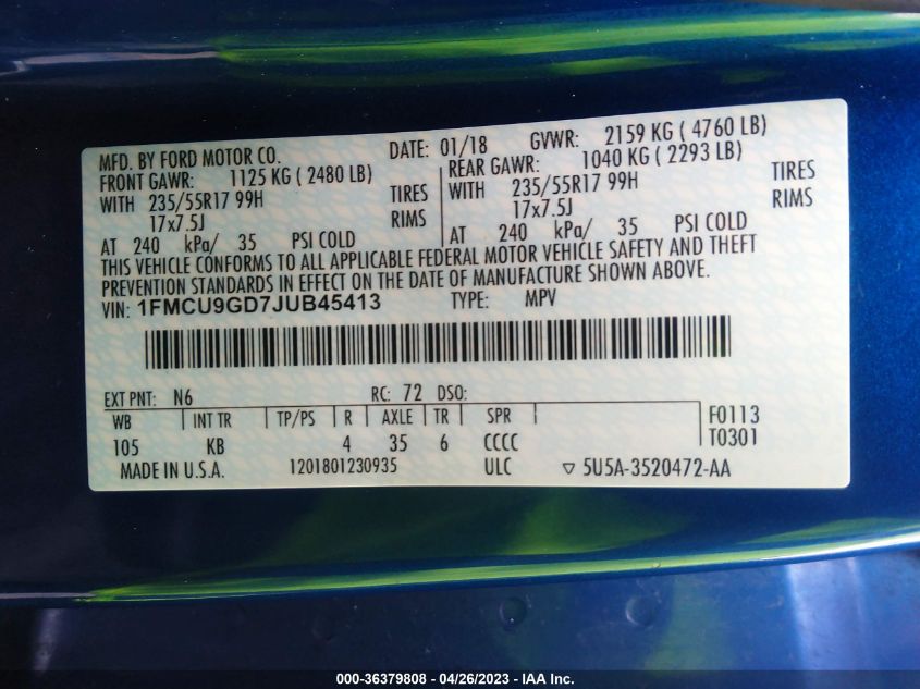VIN 1FMCU9GD7JUB45413 2018 FORD ESCAPE SE