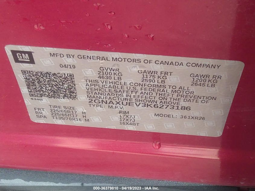 2019 CHEVROLET EQUINOX LT - 2GNAXUEV3K6273186