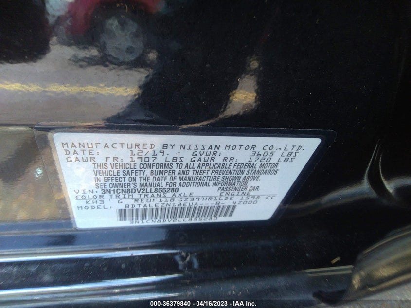VIN 3N1CN8DV2LL855280 2020 NISSAN VERSA S