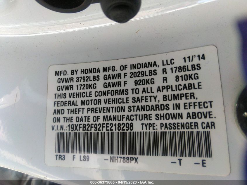 2015 HONDA CIVIC SEDAN EX-L - 19XFB2F92FE218298