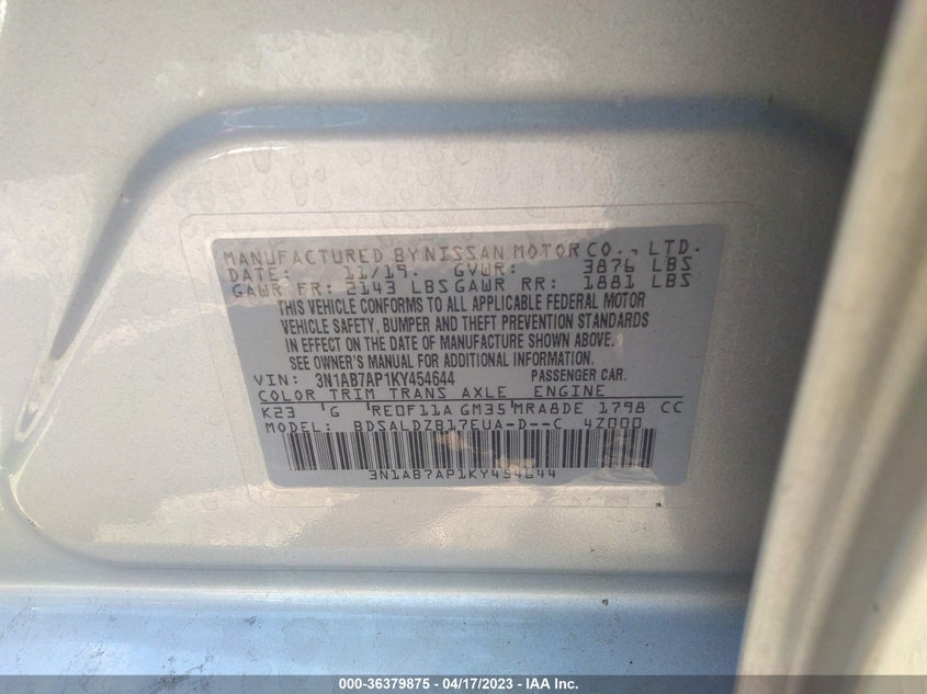 VIN 3N1AB7AP1KY454644 2019 NISSAN SENTRA SV