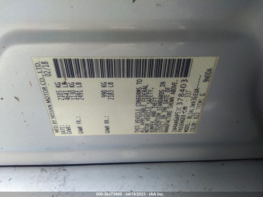 VIN 1N4AA6AP5JC378403 2018 NISSAN MAXIMA SV