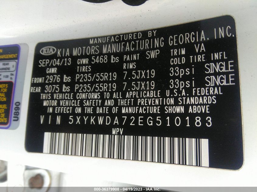 2014 KIA SORENTO SX LIMITED - 5XYKWDA72EG510183