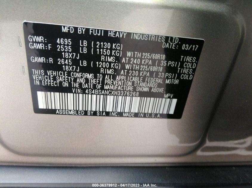 2017 SUBARU OUTBACK LIMITED - 4S4BSANCXH3376268
