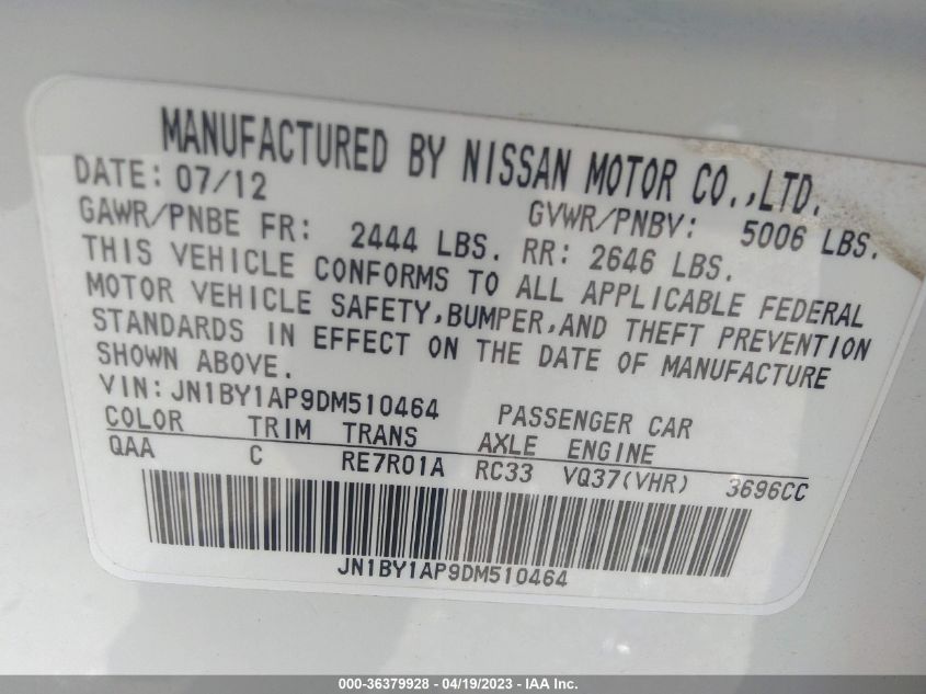 2013 INFINITI M37 JN1BY1AP9DM510464