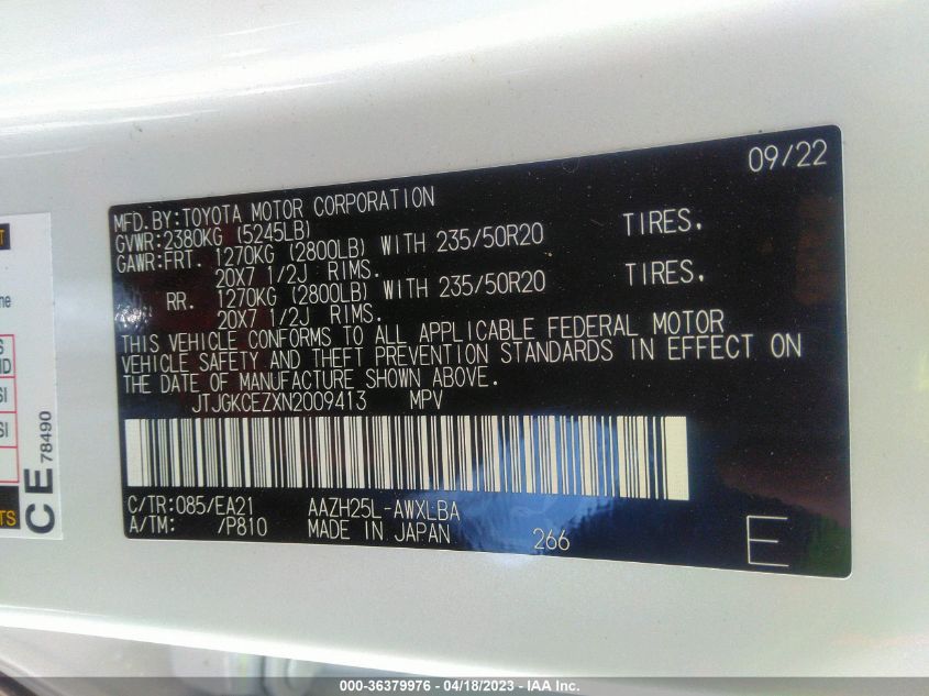 2022 LEXUS NX NX 350H PREMIUM - JTJGKCEZXN2009413