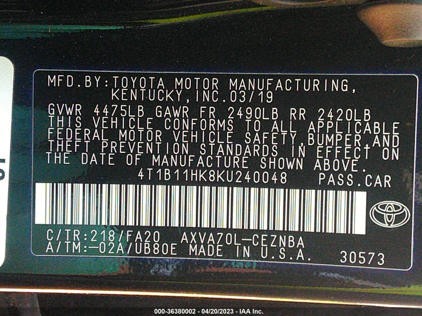 2019 TOYOTA CAMRY LE/SE/XLE/L - 4T1B11HK8KU240048