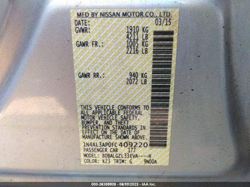 2015 NISSAN ALTIMA 2.5 S - 1N4AL3AP0FC409220