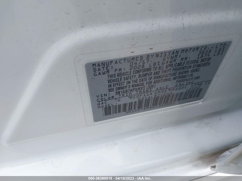 2017 NISSAN SENTRA SR - 3N1AB7APXHY310051