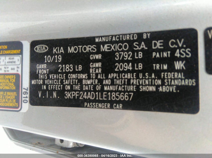 VIN 3KPF24AD1LE185667 2020 KIA FORTE LXS