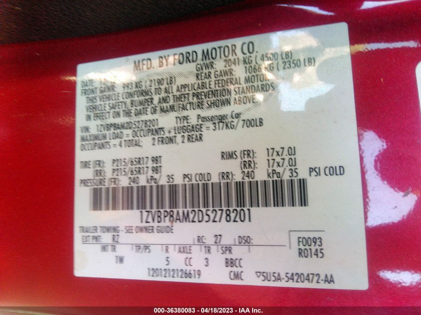 2013 FORD MUSTANG V6 - 1ZVBP8AM2D5278201