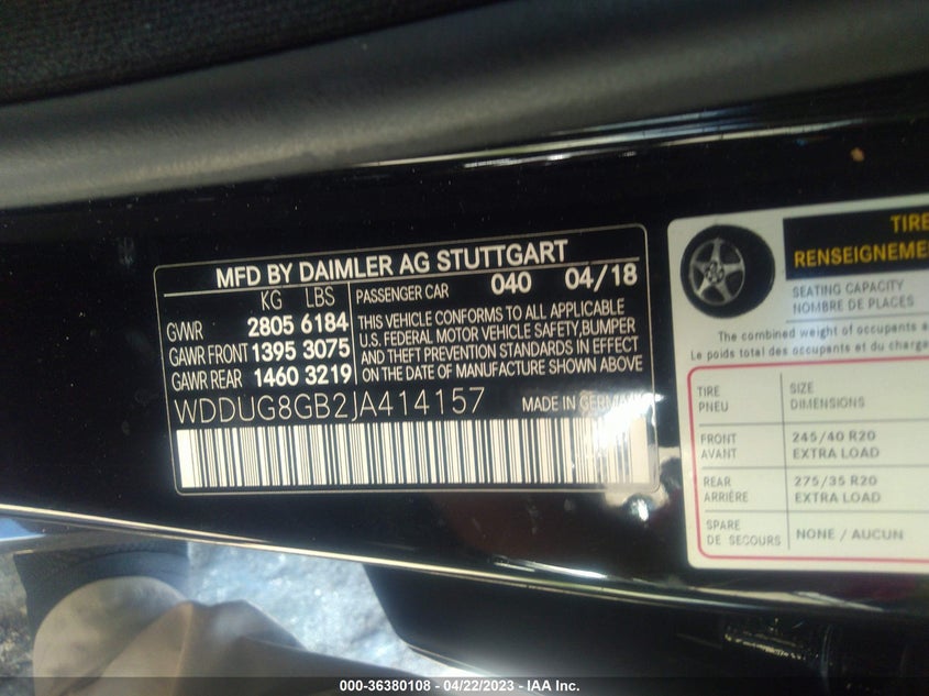 Auction sale of the 2018 MERCEDES BENZ S CLASS , vin: WDDUG8GB2JA414157, lot number: 36380108