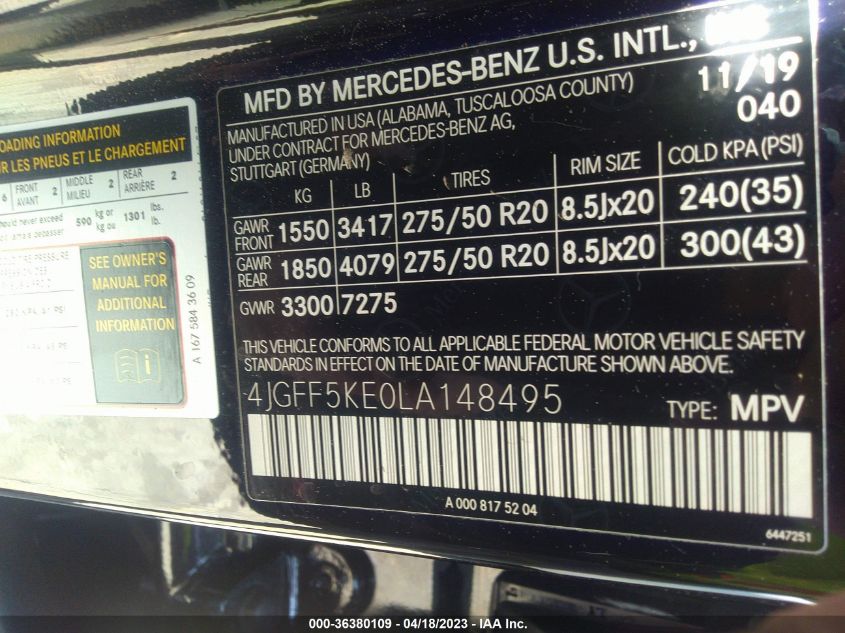 2020 MERCEDES-BENZ GLS GLS 450 - 4JGFF5KE0LA148495