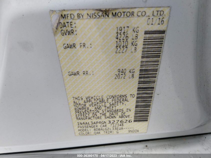 2016 NISSAN ALTIMA 2.5 - 1N4AL3AP4GN327626