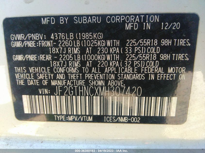 2021 SUBARU CROSSTREK LIMITED - JF2GTHNCXMH307420