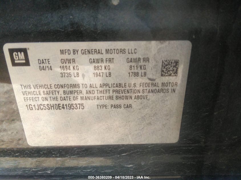 2014 CHEVROLET SONIC LT - 1G1JC5SH0E4195375