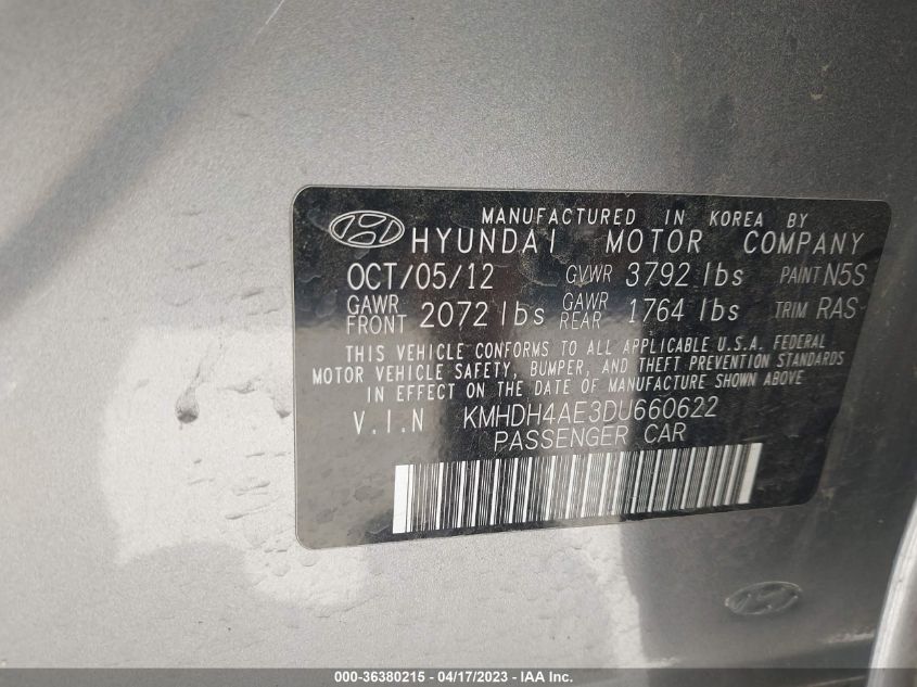 2013 HYUNDAI ELANTRA GLS PZEV - KMHDH4AE3DU660622