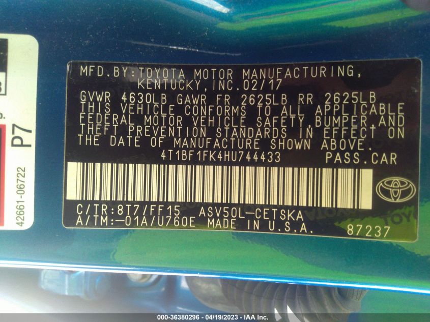 2017 TOYOTA CAMRY XLE/SE/LE/XSE - 4T1BF1FK4HU744433