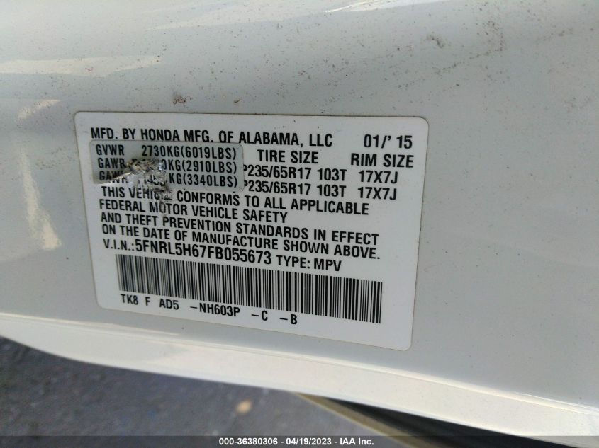 2015 HONDA ODYSSEY EX-L - 5FNRL5H67FB055673