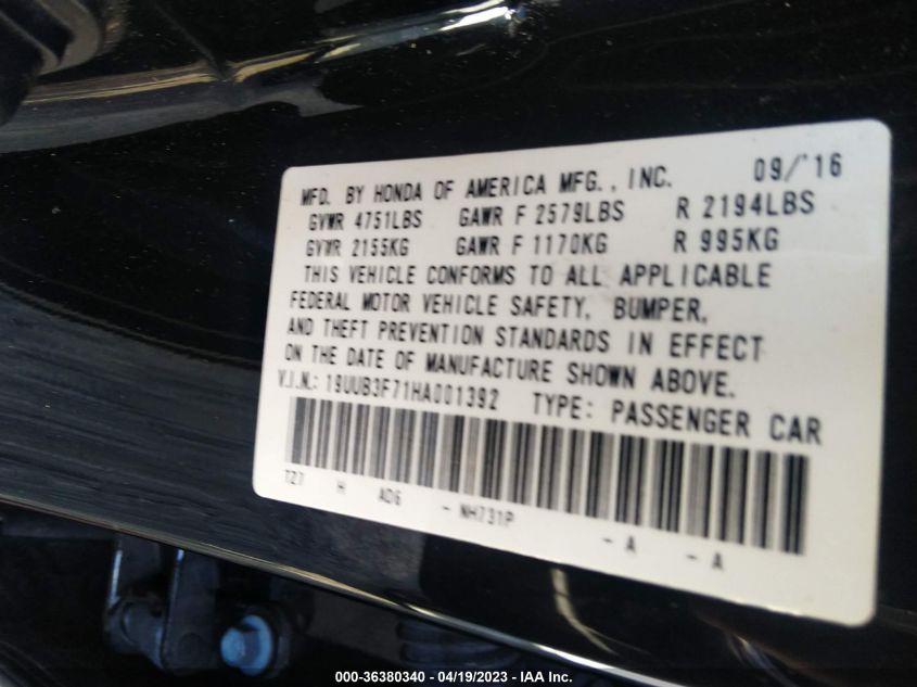 2017 ACURA TLX V6 W/ADVANCE PKG - 19UUB3F71HA001392