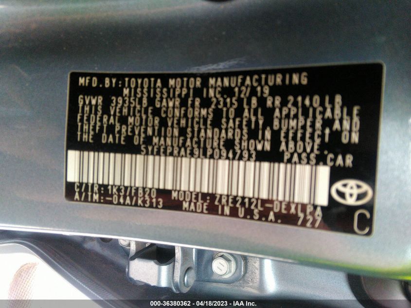 2020 TOYOTA COROLLA LE - 5YFEPRAE9LP094793